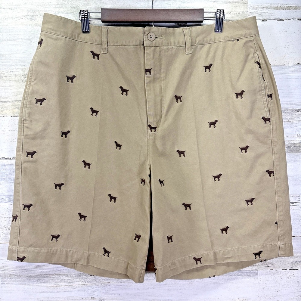 BASS Mens Tan Embroidered All Over Dog Lab Retriever Print 9" Inseam Shorts 38